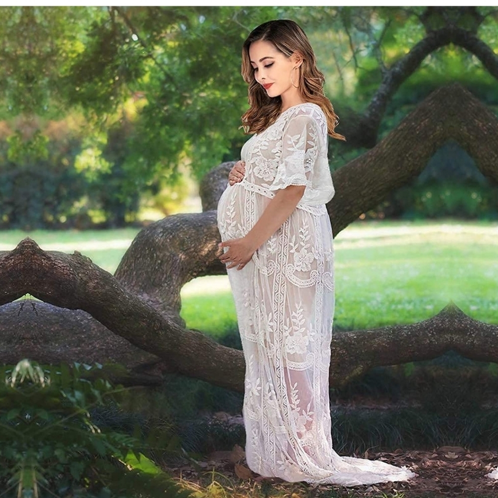 Women's White Lace Maternity Maxi Dress